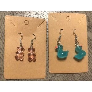 2 Pairs Of Resin Silver Earrings Pink Gummy Bears And Blue Ducks Handmade USA